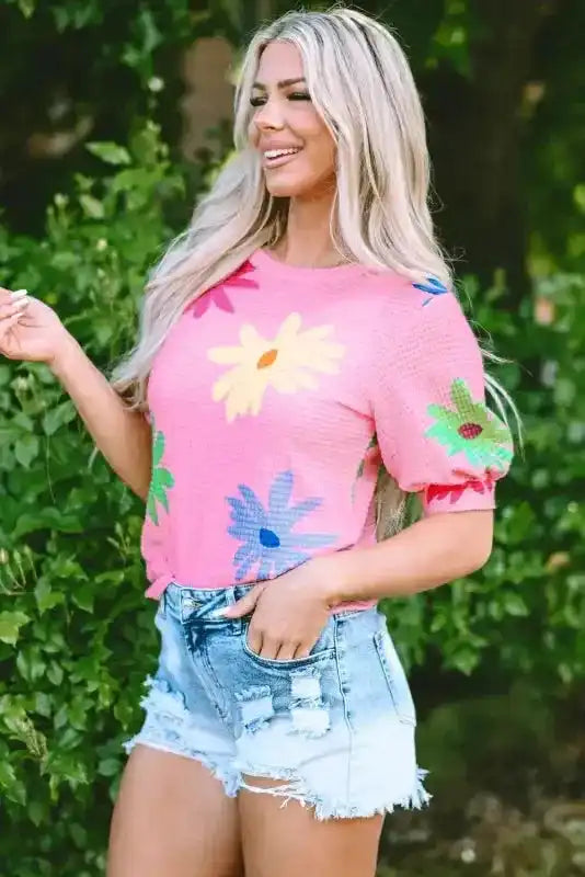 Pink Textured Floral T-Shirt - Fashionfitz