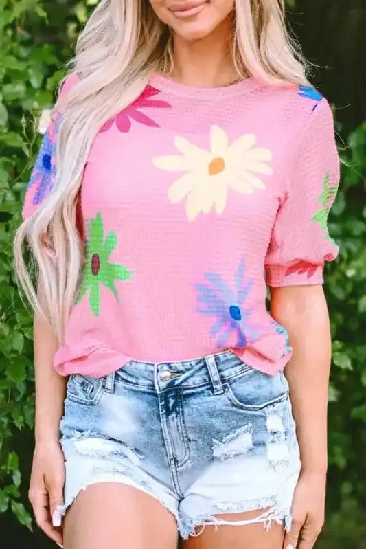 Pink Textured Floral T-Shirt - Fashionfitz