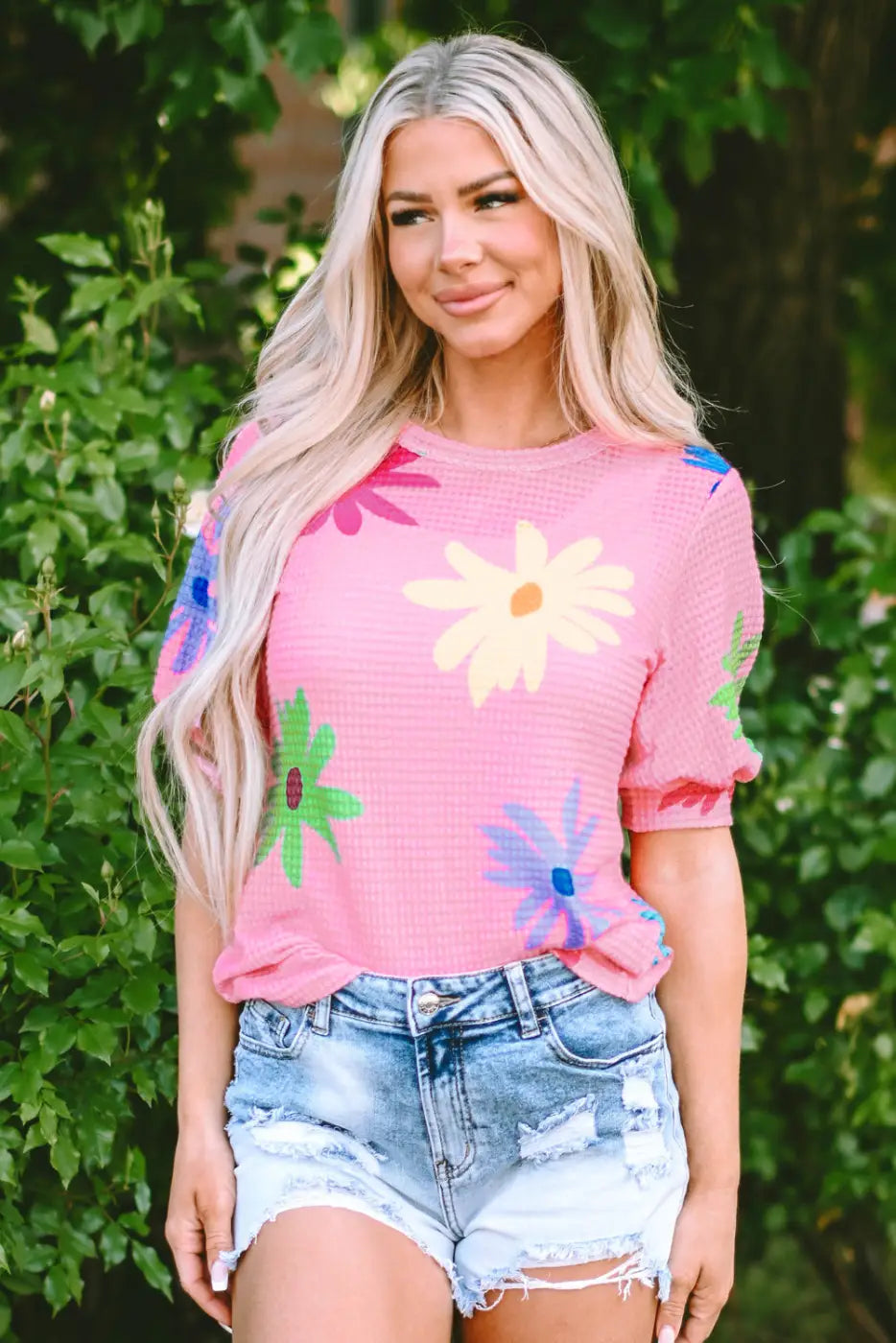 Pink textured floral t-shirt - tees