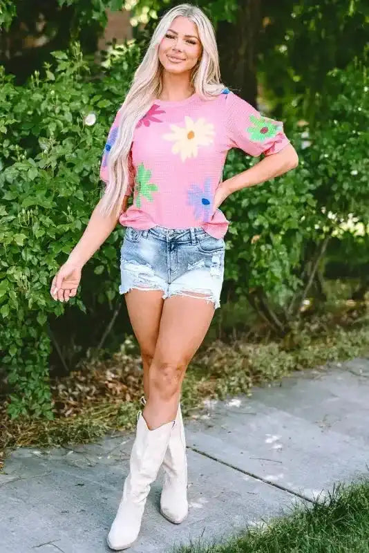 Pink Textured Floral T-Shirt - Fashionfitz