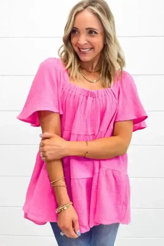Pink Textured Tiered Flowy Blouse - Fashionfitz