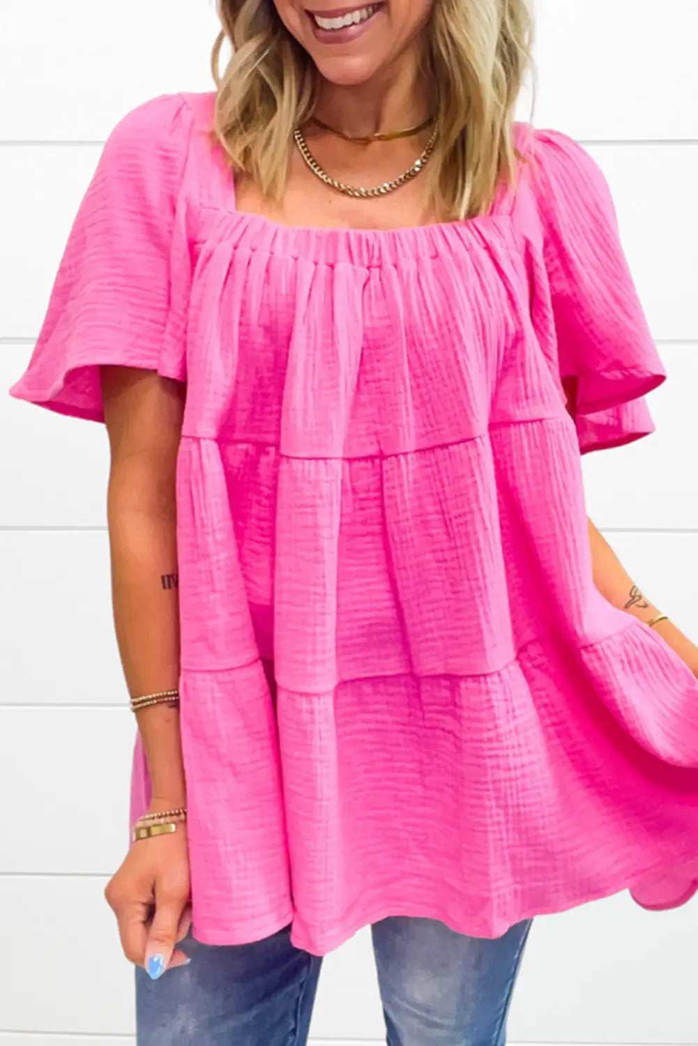 Pink textured tiered flowy blouse - bright / s / 100% cotton - short sleeve blouses