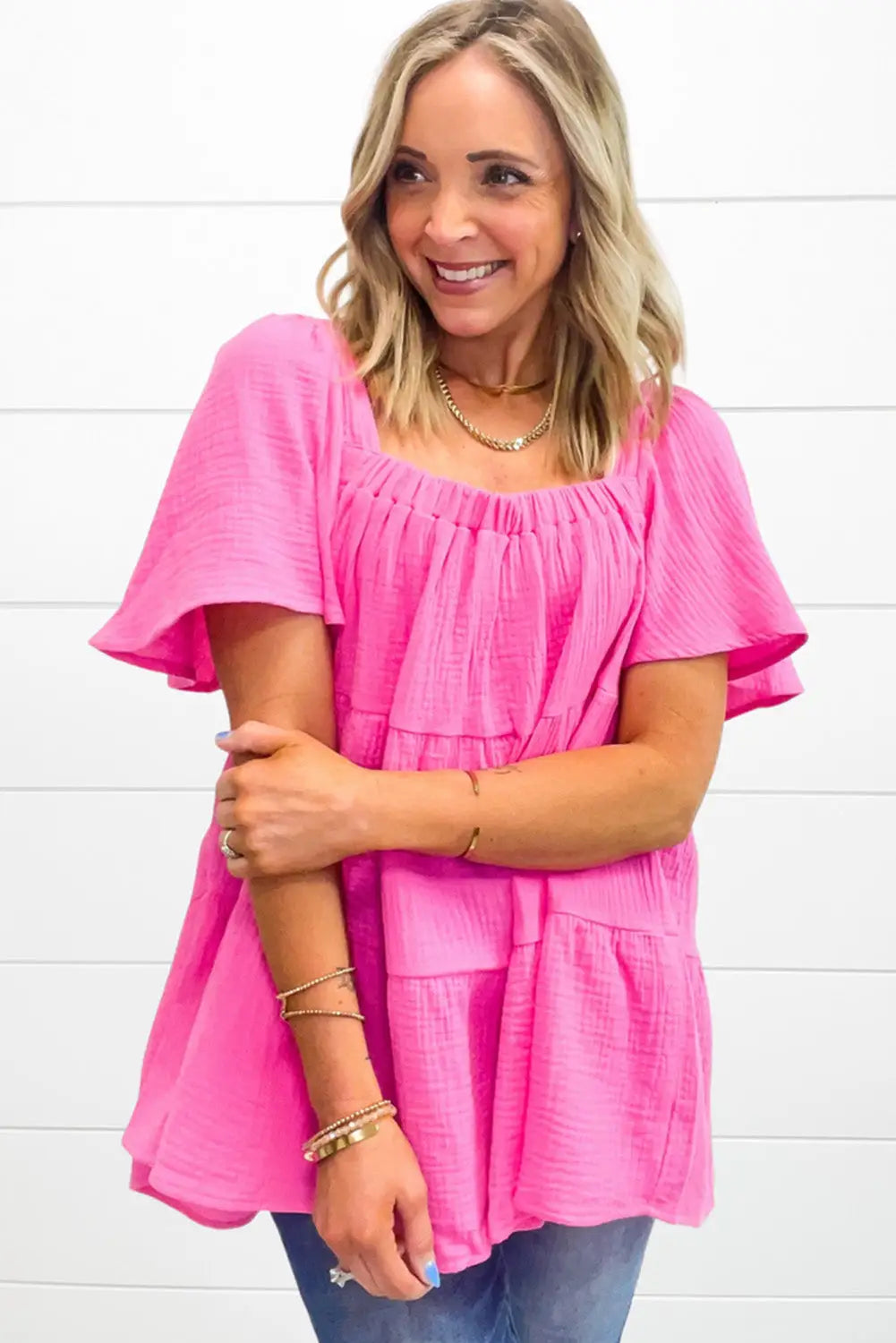 Pink textured tiered flowy blouse - short sleeve blouses
