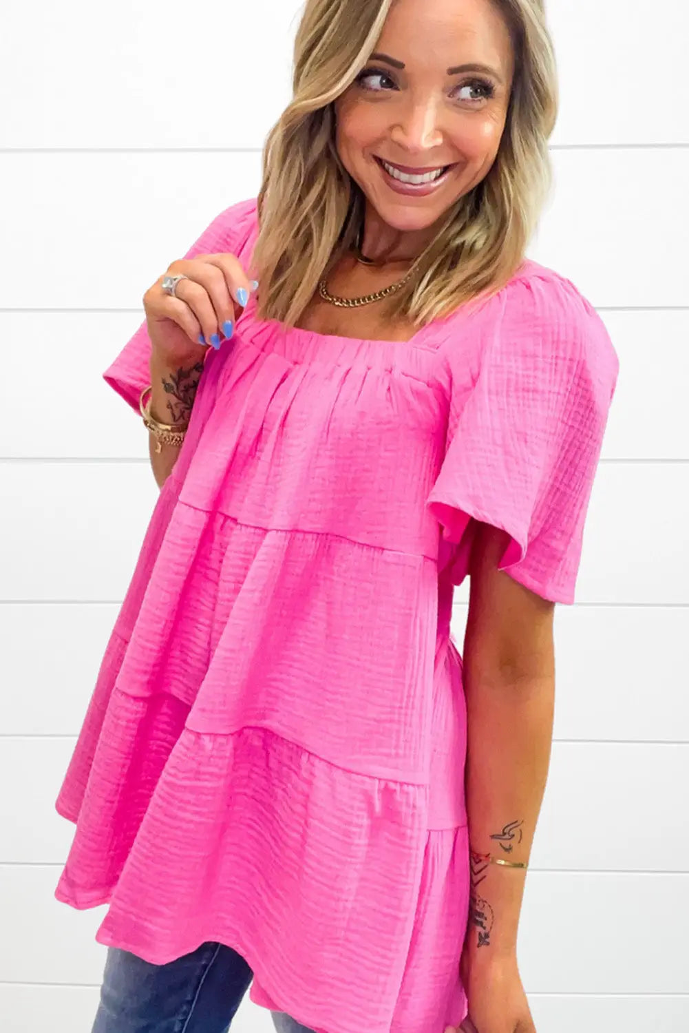 Pink textured tiered flowy blouse - short sleeve blouses