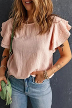 Pink Textured Tiered Ruffled Short Sleeve Blouse - Fashionfitz