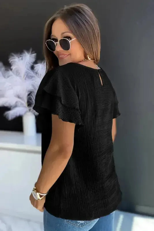 Pink Textured Tiered Ruffled Short Sleeve Blouse - Fashionfitz