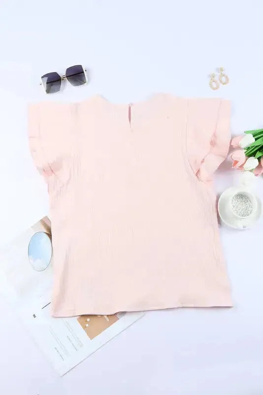 Pink Textured Tiered Ruffled Short Sleeve Blouse - Fashionfitz