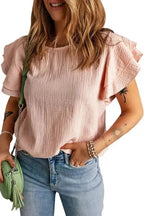 Pink Textured Tiered Ruffled Short Sleeve Blouse - Fashionfitz