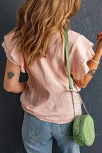 Pink Textured Tiered Ruffled Short Sleeve Blouse - Fashionfitz