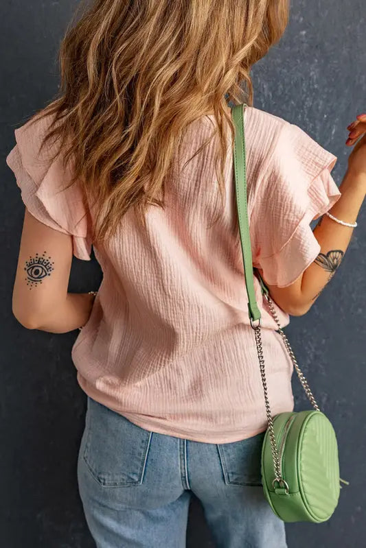 Pink textured tiered ruffled short sleeve blouse - tops