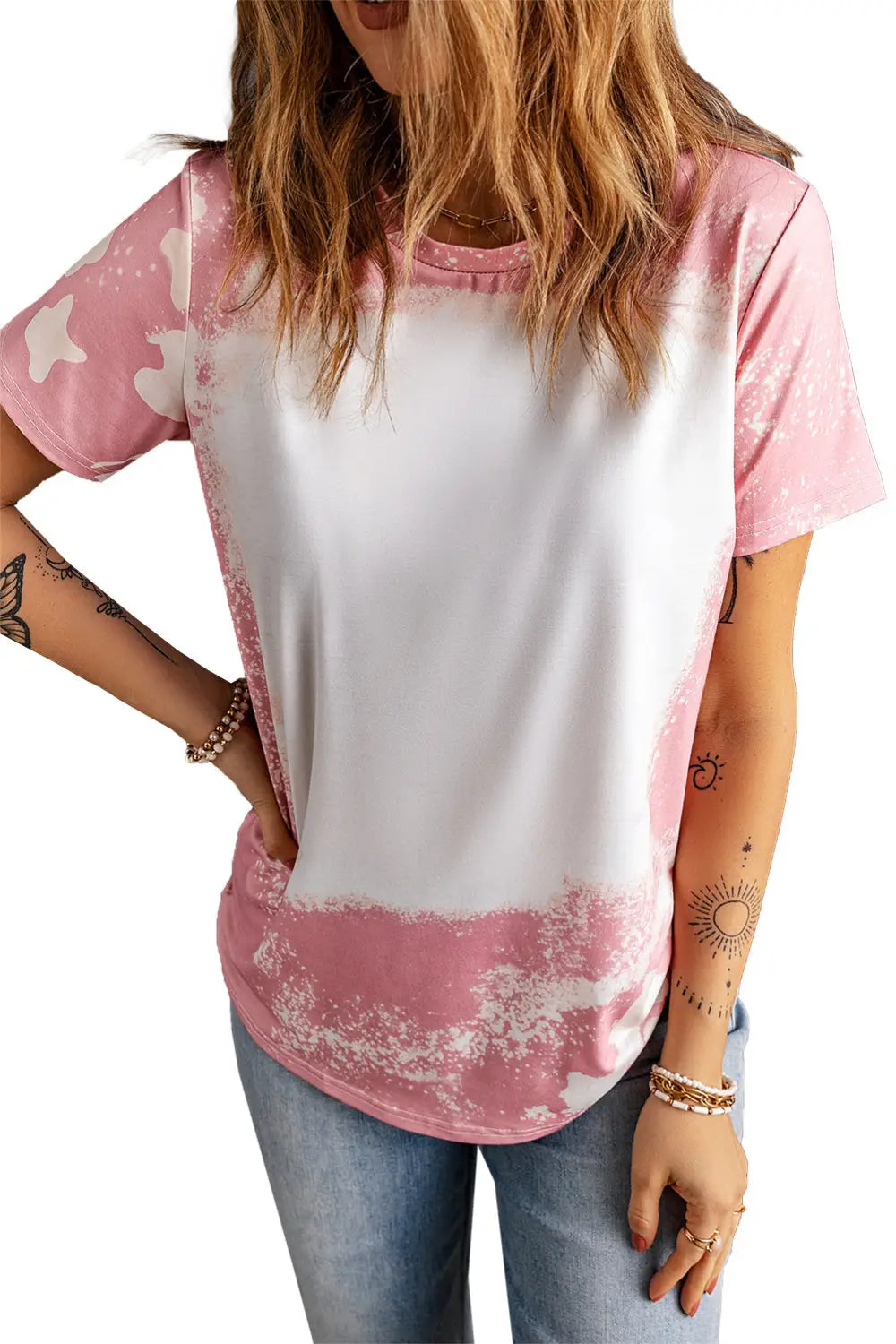Pink tie dye color bleached short sleeve t shirt - t-shirts