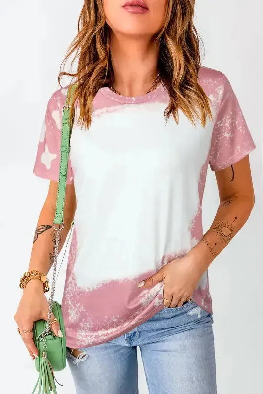 Pink Tie Dye Bleach Effect Short Sleeve T-Shirt Women UK styled as a bold casual summer outfit — Fashionfitz