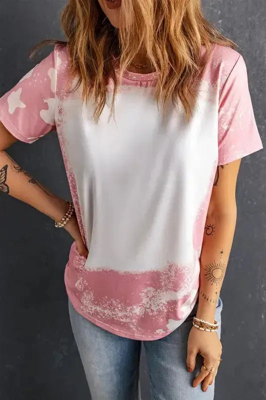 Tie Dye Bleach Effect Short Sleeve T-Shirt Women UK in pink — front view showing unique bleach effect pattern — Fashionfitz