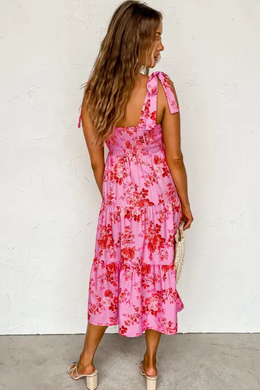 Pink tie shoulder straps tiered floral dress - dresses/floral dresses