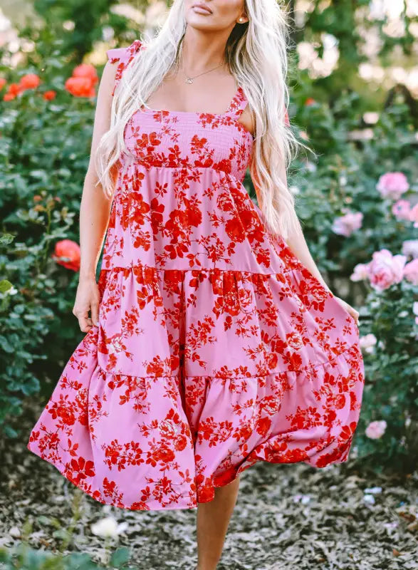 Pink tie shoulder straps tiered floral dress - dresses/floral dresses