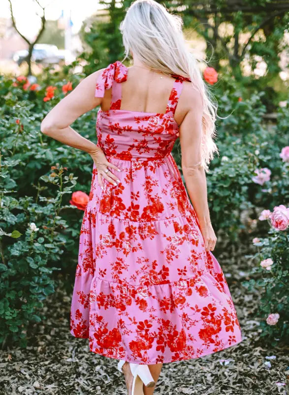 Pink tie shoulder straps tiered floral dress - dresses/floral dresses