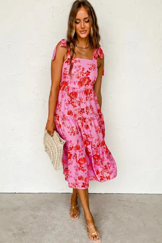 Pink tie shoulder straps tiered floral dress - dresses/floral dresses