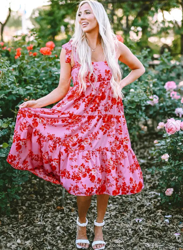 Pink tie shoulder straps tiered floral dress - dresses/floral dresses