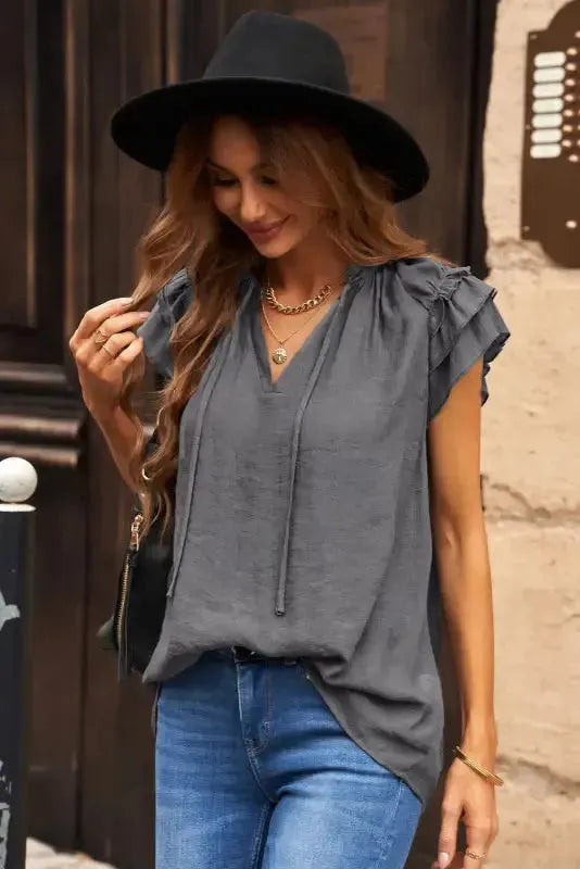 Pink Tiered Ruffled Drawstring V Neck Top - Fashionfitz