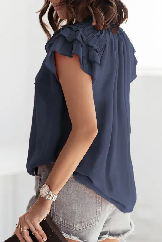 Pink tiered ruffled drawstring v neck top - t-shirts