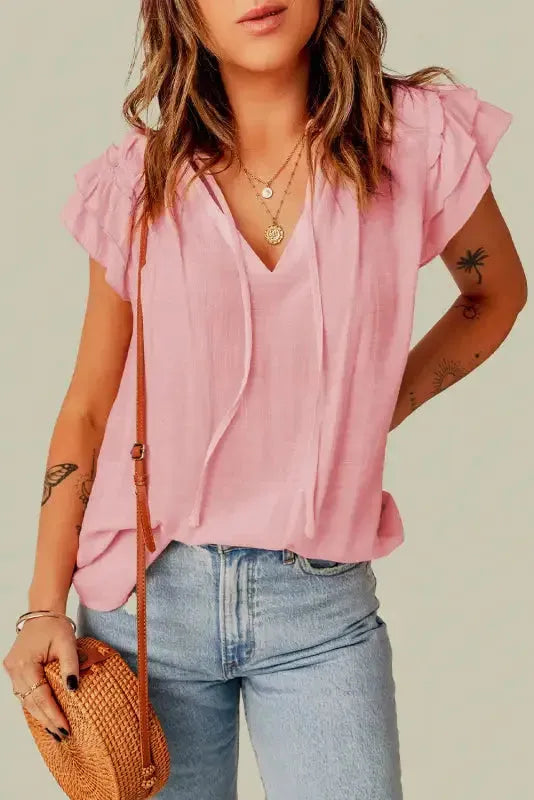 Pink Tiered Ruffled Drawstring V Neck Top - Fashionfitz