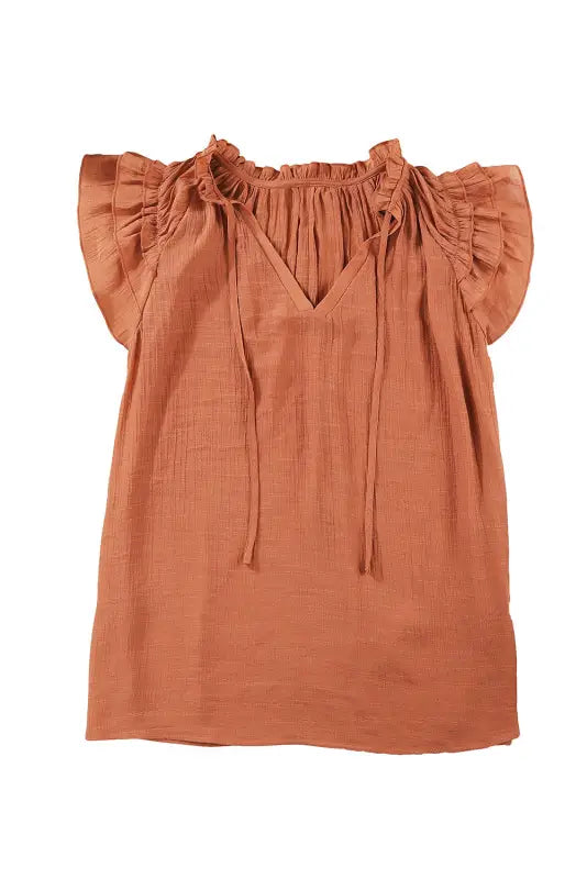 Pink tiered ruffled drawstring v neck top - t-shirts