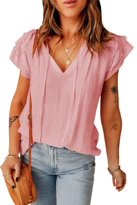 Pink tiered ruffled drawstring v neck top - t-shirts