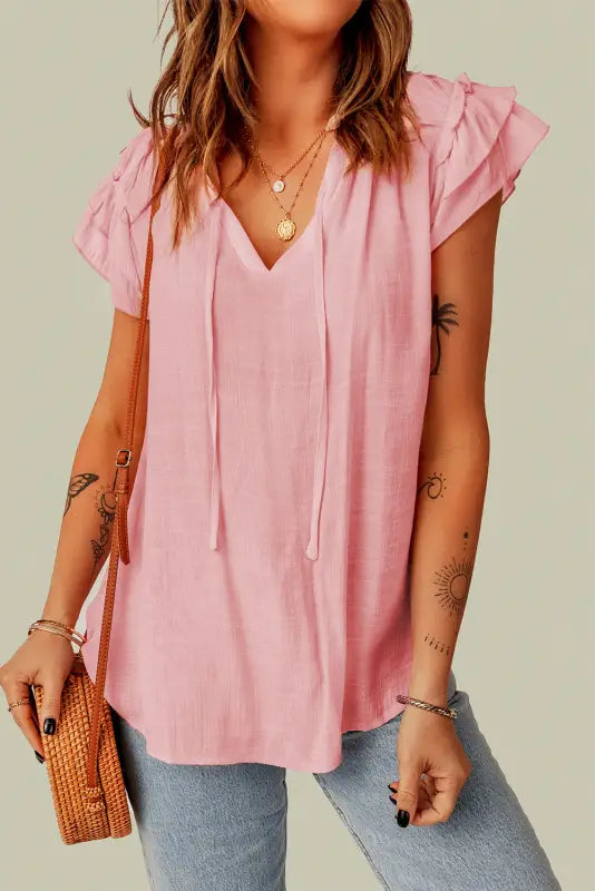 Pink tiered ruffled drawstring v neck top - t-shirts