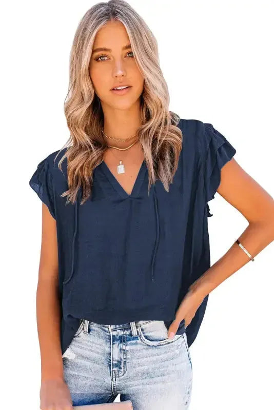 Pink Tiered Ruffled Drawstring V Neck Top - Fashionfitz