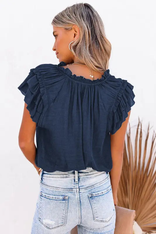 Pink tiered ruffled drawstring v neck top - t-shirts