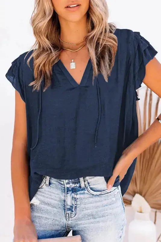 Pink Tiered Ruffled Drawstring V Neck Top - Fashionfitz