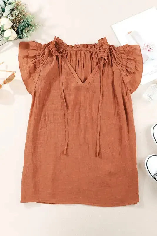 Pink Tiered Ruffled Drawstring V Neck Top - Fashionfitz