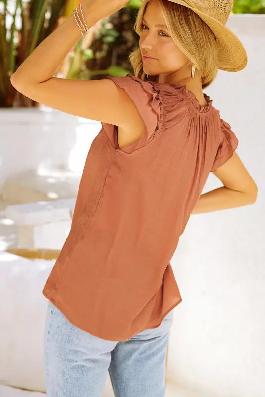 Pink tiered ruffled drawstring v neck top - t-shirts