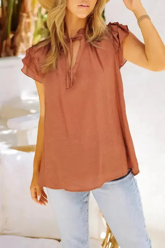 Pink Tiered Ruffled Drawstring V Neck Top - Fashionfitz