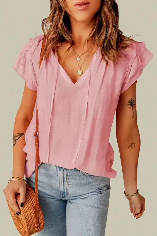 Pink Tiered Ruffled Drawstring V Neck Top - Fashionfitz