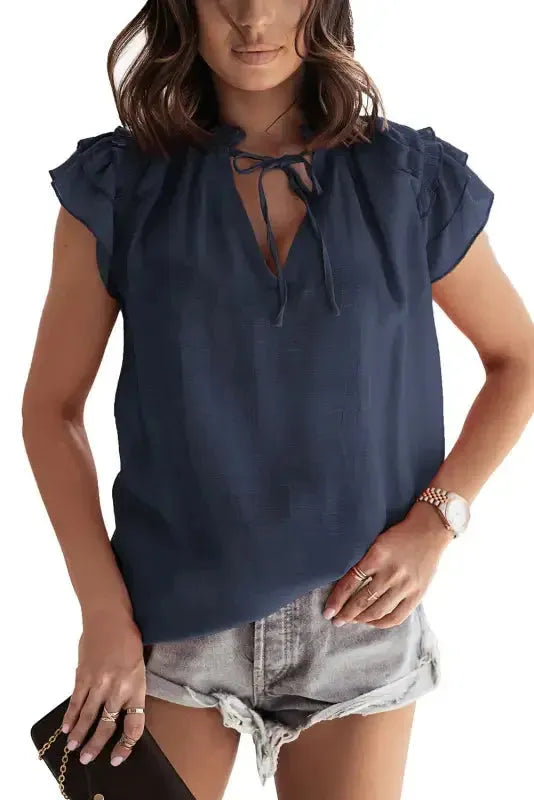 Pink Tiered Ruffled Drawstring V Neck Top - Fashionfitz
