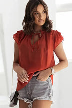 Pink Tiered Ruffled Drawstring V Neck Top - Fashionfitz