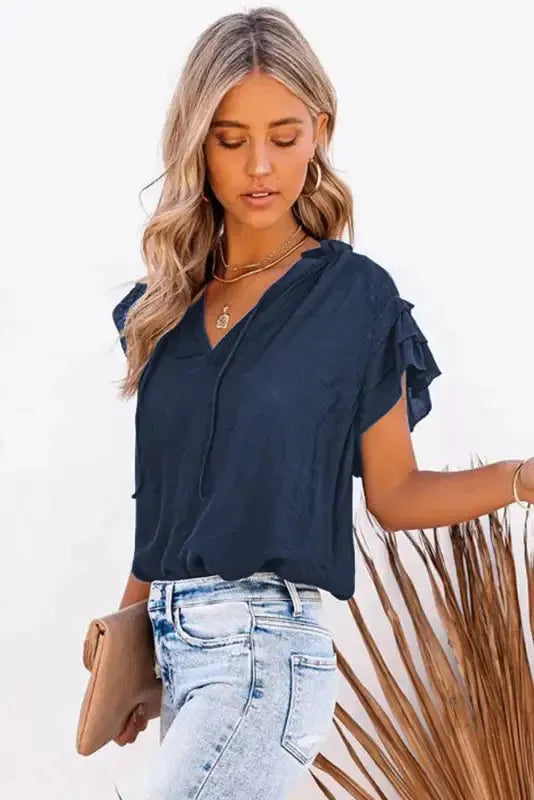 Pink Tiered Ruffled Drawstring V Neck Top - Fashionfitz