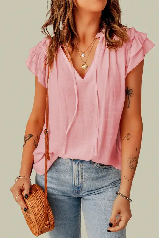 Pink tiered ruffled drawstring v neck top - t-shirts