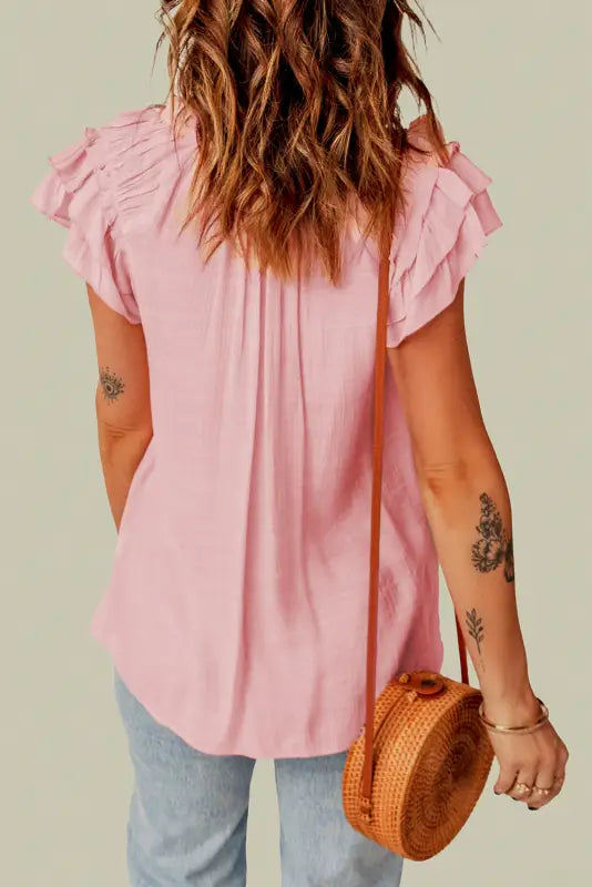 Pink tiered ruffled drawstring v neck top - t-shirts