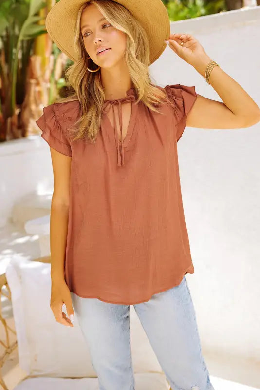 Pink tiered ruffled drawstring v neck top - t-shirts