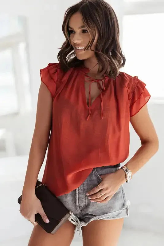 Pink Tiered Ruffled Drawstring V Neck Top - Fashionfitz