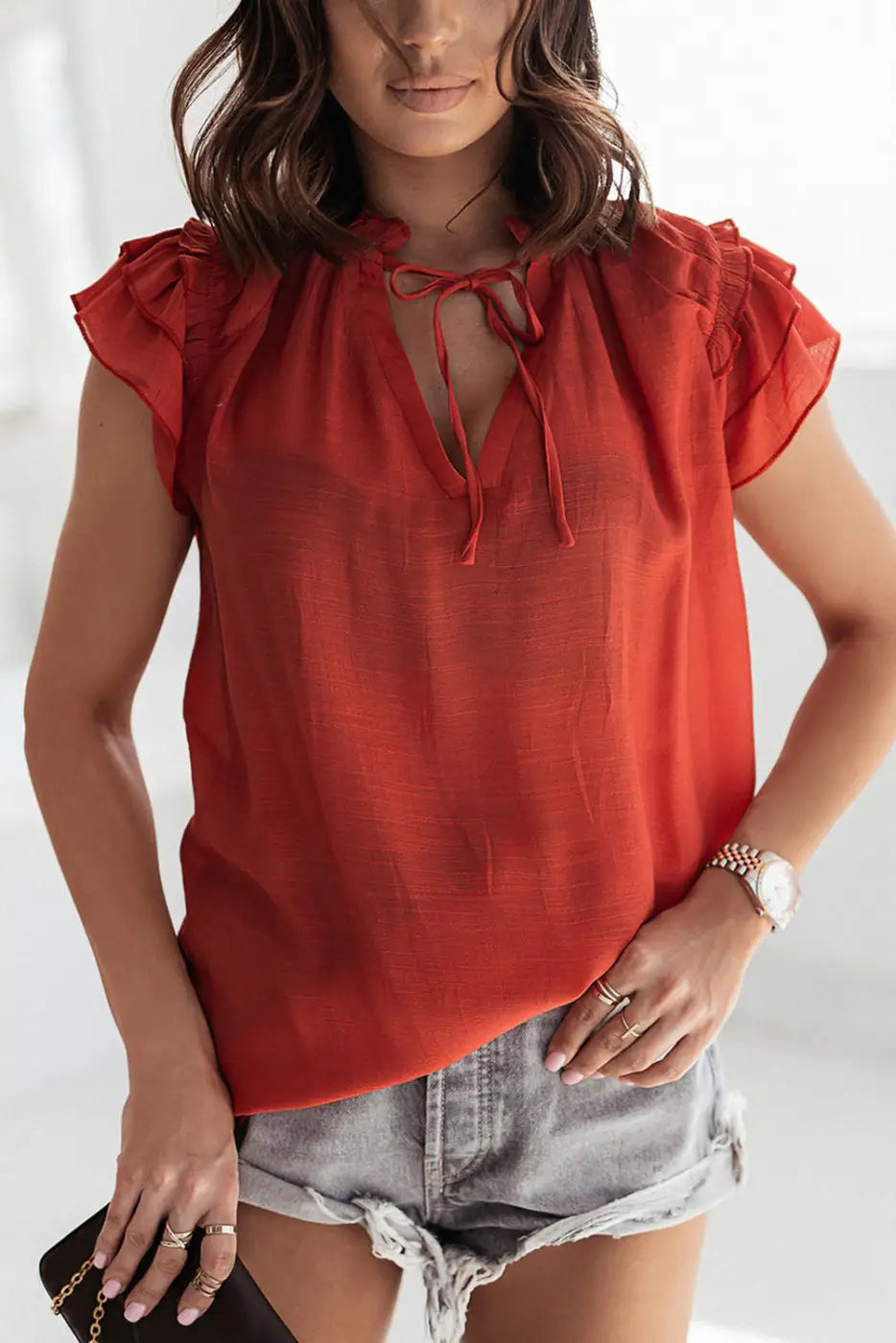 Pink tiered ruffled drawstring v neck top - red / s / 65% viscose + 35% polyester - t-shirts