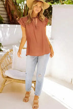 Pink Tiered Ruffled Drawstring V Neck Top - Fashionfitz