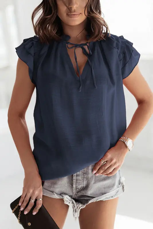 Pink tiered ruffled drawstring v neck top - t-shirts