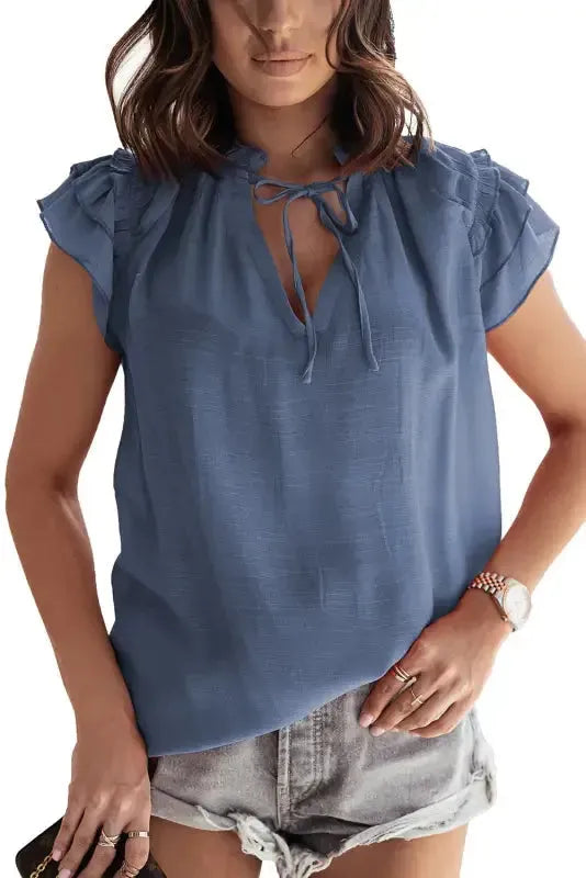 Pink Tiered Ruffled Drawstring V Neck Top - Fashionfitz