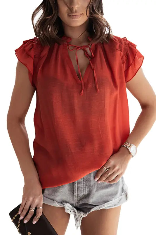 Pink tiered ruffled drawstring v neck top - t-shirts