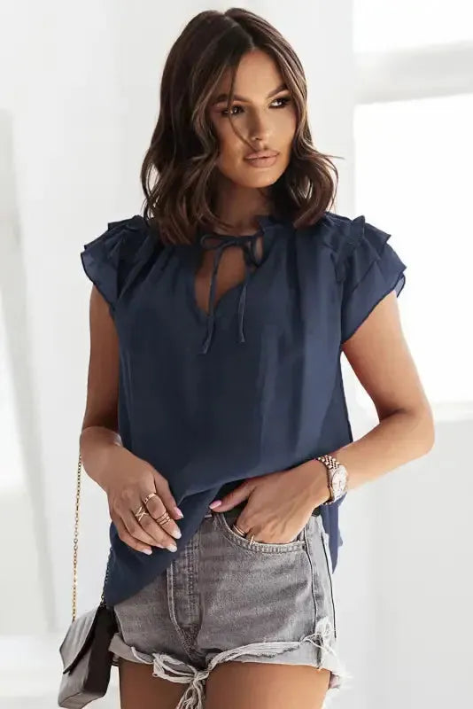 Pink Tiered Ruffled Drawstring V Neck Top - Fashionfitz