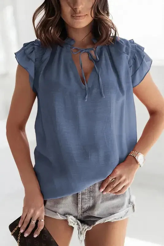Pink Tiered Ruffled Drawstring V Neck Top - Fashionfitz