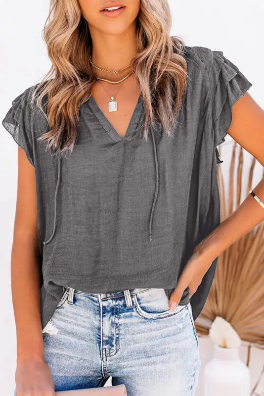 Pink tiered ruffled drawstring v neck top - t-shirts